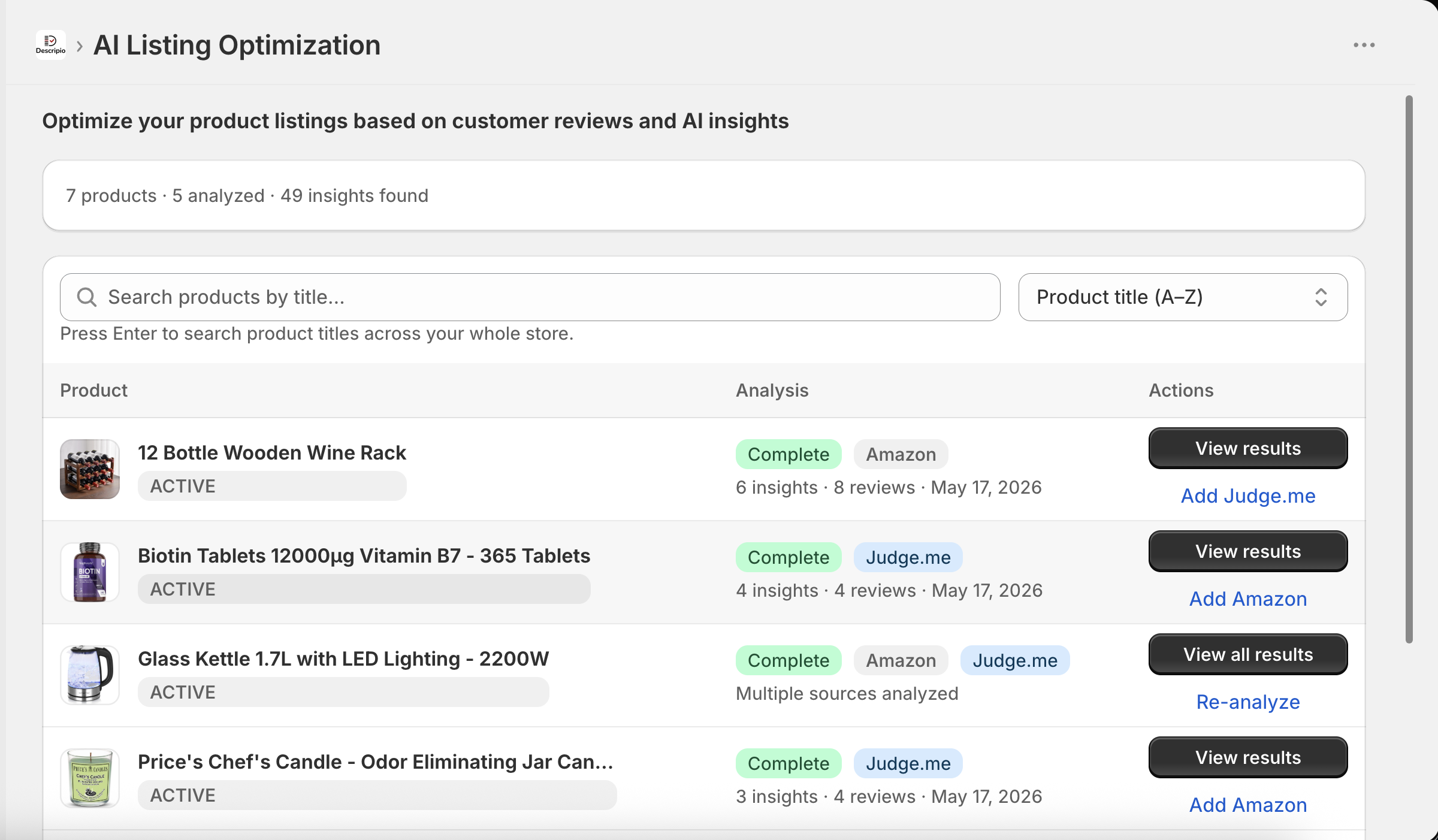 Descripio Shopify app — pick a product to optimize from your catalog with review-analysis status badges