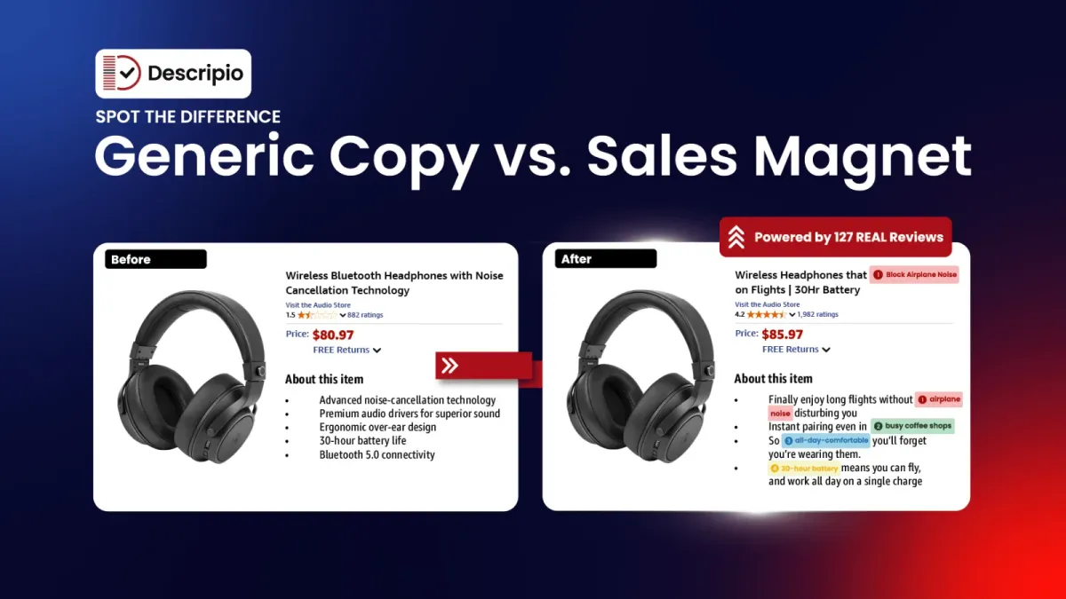 Descripio Shopify app — pick a product to optimize from your catalog with review-analysis status badges