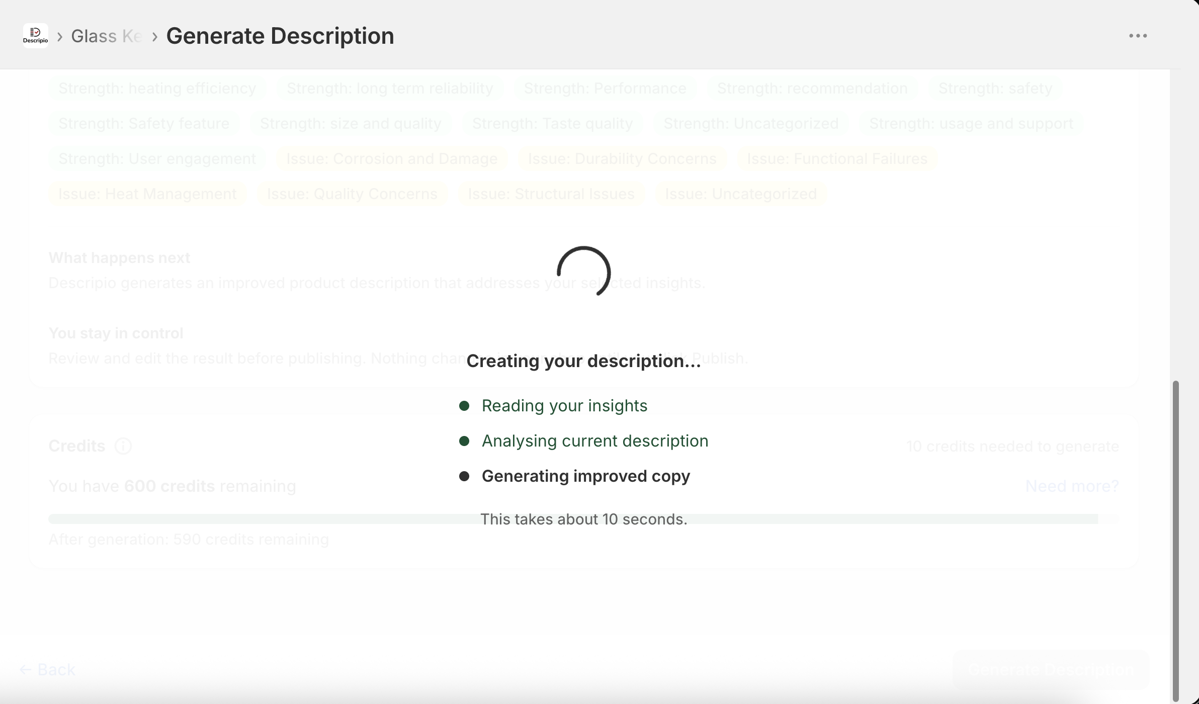 Descripio generates an SEO Shopify product description from real reviews — plans cover 5 to 150 products per month