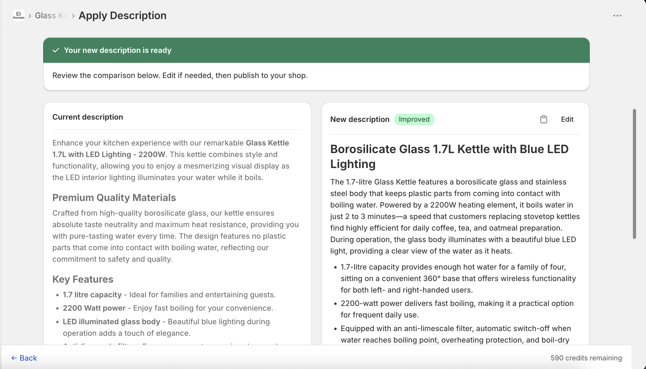Descripio side-by-side WYSIWYG editor — compare old vs new and publish the description back to Shopify in one click
