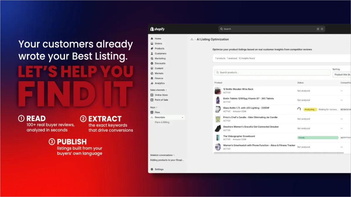 Descripio side-by-side WYSIWYG editor — compare old vs new and publish the description back to Shopify in one click