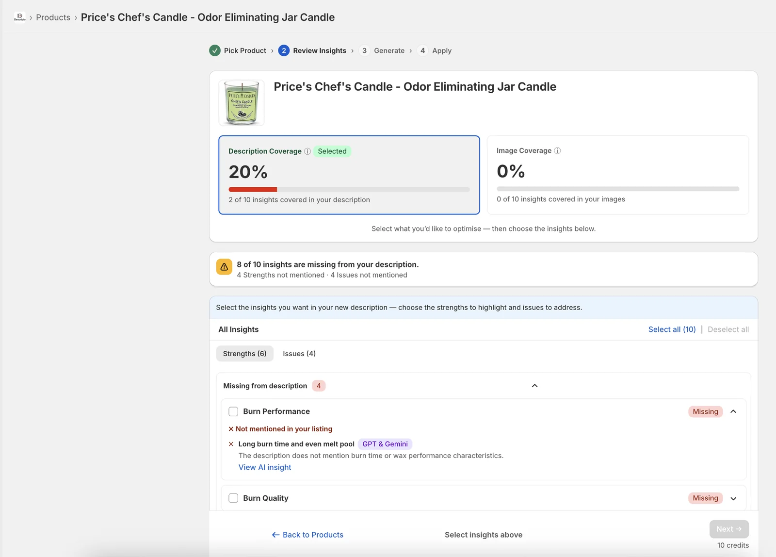 Descripio Shopping Assistant Insights showing a candle listing scored at 20% description coverage and 0% image coverage, with 8 of 10 insights missing from the description.